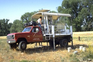 This is a relatively small CPT testing rig. If the truck weight is insufficient to push the cone to the desired depth, the truck has anchors that can be screwed into the ground to increase its reaction force. A hydraulic ram (center of truck's flatbed) is used to push the 1.4-cm diameter cone into the ground beneath the center of the truck.