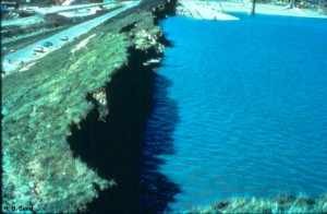 About 1 m of freeboard remained after the upstream shell slid into the reservoir. The paved crest of the dam can be seen descending into the water at the top of this photo.