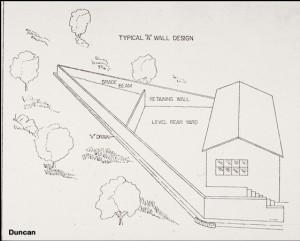 This drawing shows the flow slide diversion wall concept. The V-shaped upper end is designed to divert the flows to either side of the structure. (Drawing by Hollingsworth and Kovacs).