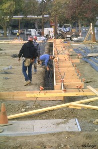 Trenches in the soil will act as forms for reinforced concrete grade beams.  Wood forms are only needed for the above ground portions of the grade beam.