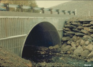 This aluminum culvert, with straight aluminum end walls, serves as a bridge over a small stream.