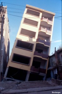 This new building was not yet occupied at the time of the earthquake. Again, the bearing failure of its mat foundation was related to its relatively large height-to-width ratio.